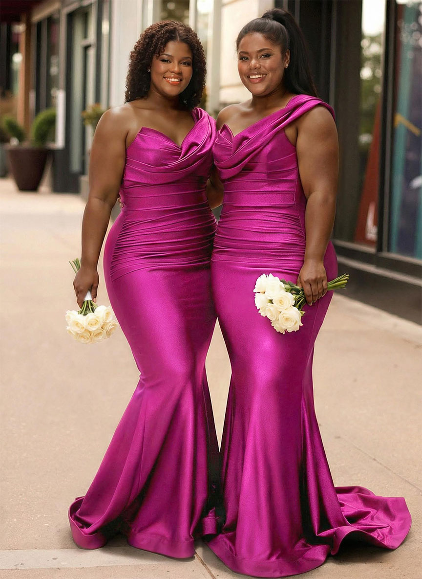 Trumpet/Mermaid One-Shoulder Sleeveless Sweep Train Stretch Satin Knit Bridesmaid Dresses, product image 15