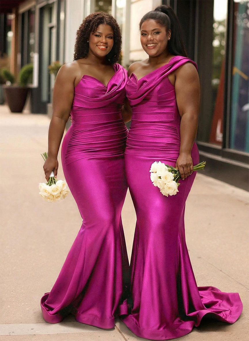 Trumpet/Mermaid One-Shoulder Sleeveless Sweep Train Stretch Satin Knit Bridesmaid Dresses, product image 15
