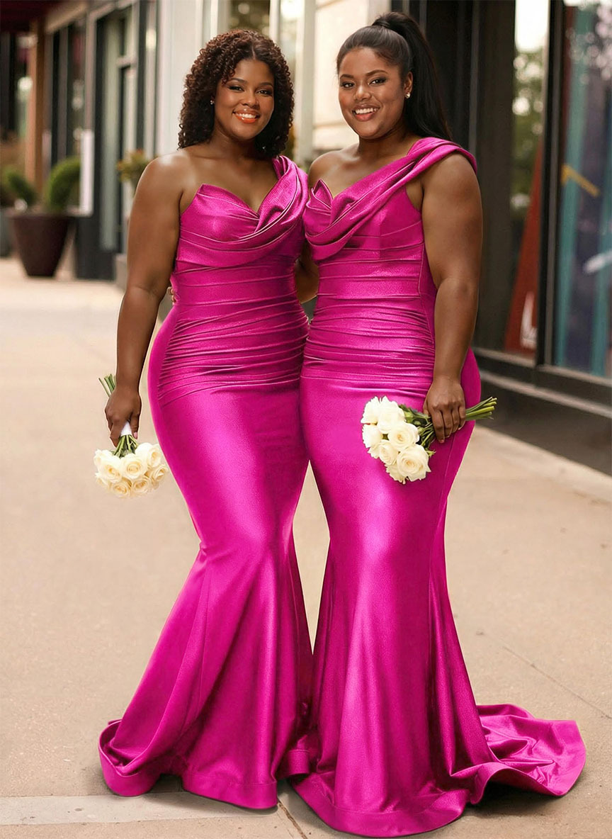 Trumpet/Mermaid One-Shoulder Sleeveless Sweep Train Stretch Satin Knit Bridesmaid Dresses, product image 17