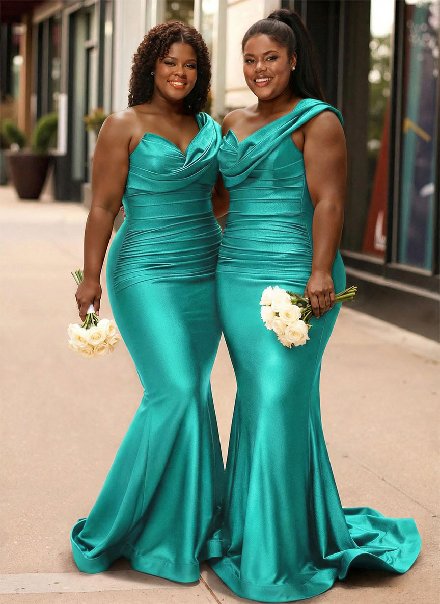 Trumpet/Mermaid One-Shoulder Sleeveless Sweep Train Stretch Satin Knit Bridesmaid Dresses, product image 29
