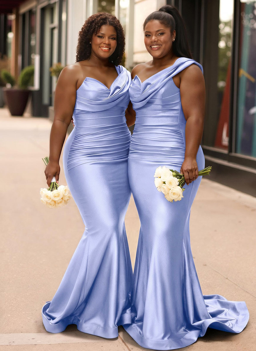 Trumpet/Mermaid One-Shoulder Sleeveless Sweep Train Stretch Satin Knit Bridesmaid Dresses, product image 39