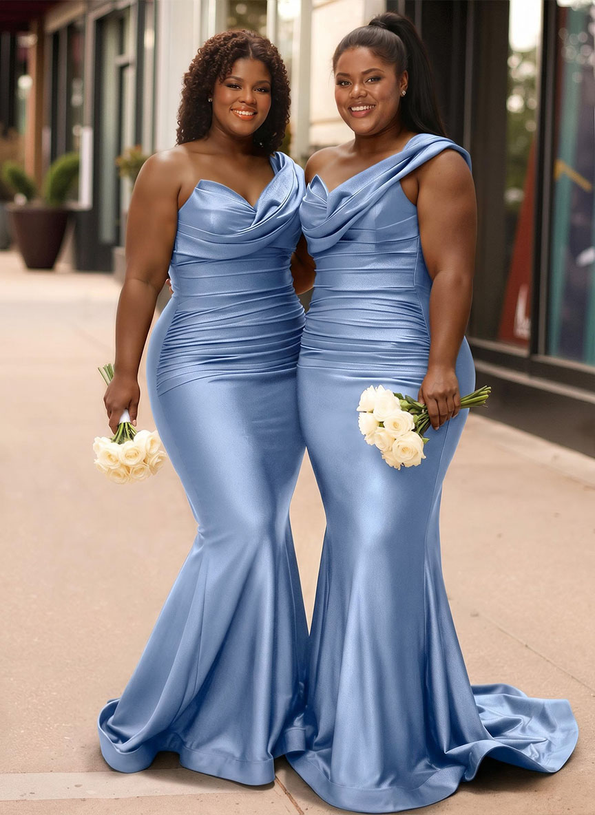 Trumpet/Mermaid One-Shoulder Sleeveless Sweep Train Stretch Satin Knit Bridesmaid Dresses, product image 10