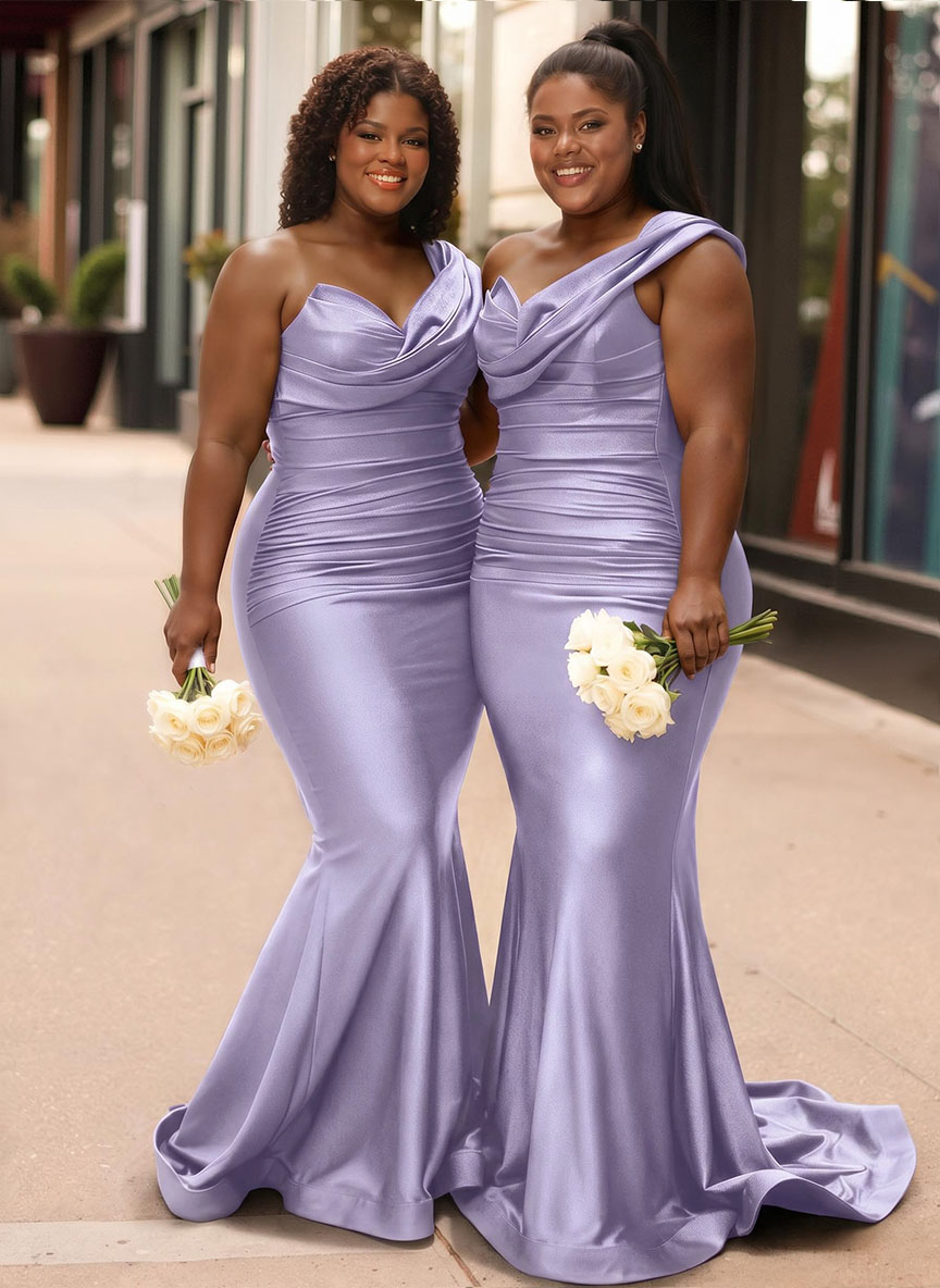Trumpet/Mermaid One-Shoulder Sleeveless Sweep Train Stretch Satin Knit Bridesmaid Dresses, product image 40