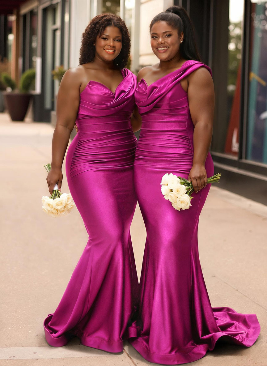 Trumpet/Mermaid One-Shoulder Sleeveless Sweep Train Stretch Satin Knit Bridesmaid Dresses, product image 34