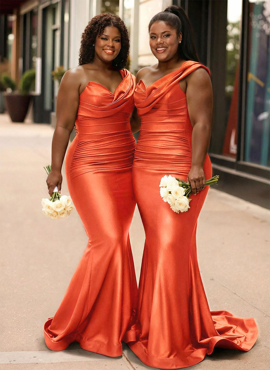 Trumpet/Mermaid One-Shoulder Sleeveless Sweep Train Stretch Satin Knit Bridesmaid Dresses, product image 47