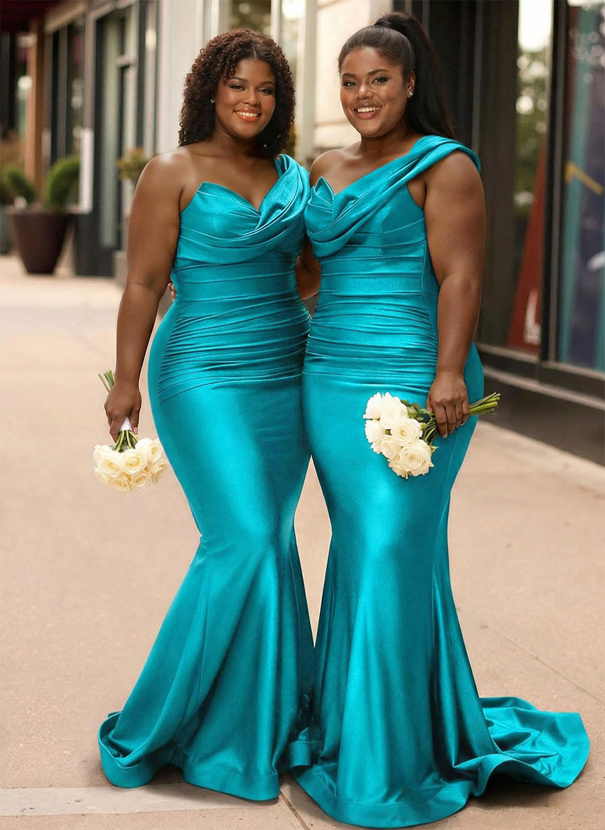 Trumpet/Mermaid One-Shoulder Sleeveless Sweep Train Stretch Satin Knit Bridesmaid Dresses, product image 11