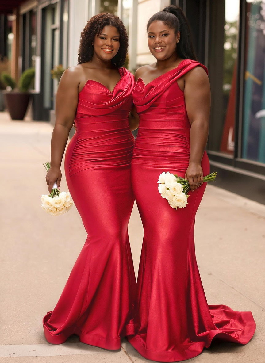 Trumpet/Mermaid One-Shoulder Sleeveless Sweep Train Stretch Satin Knit Bridesmaid Dresses, product image 24