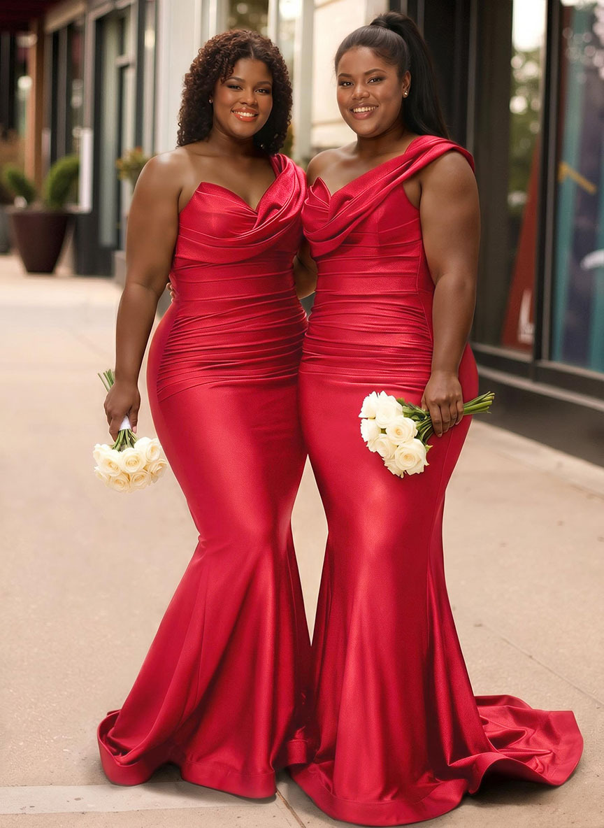 Trumpet/Mermaid One-Shoulder Sleeveless Sweep Train Stretch Satin Knit Bridesmaid Dresses, product image 24