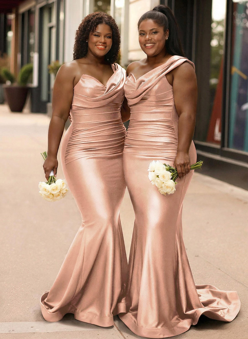 Trumpet/Mermaid One-Shoulder Sleeveless Sweep Train Stretch Satin Knit Bridesmaid Dresses, product image 45