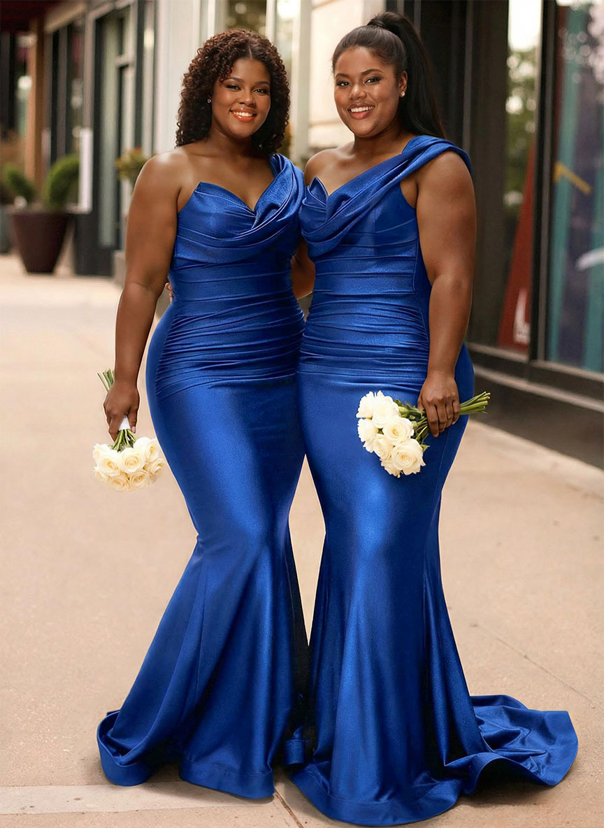 Trumpet/Mermaid One-Shoulder Sleeveless Sweep Train Stretch Satin Knit Bridesmaid Dresses, product image 7