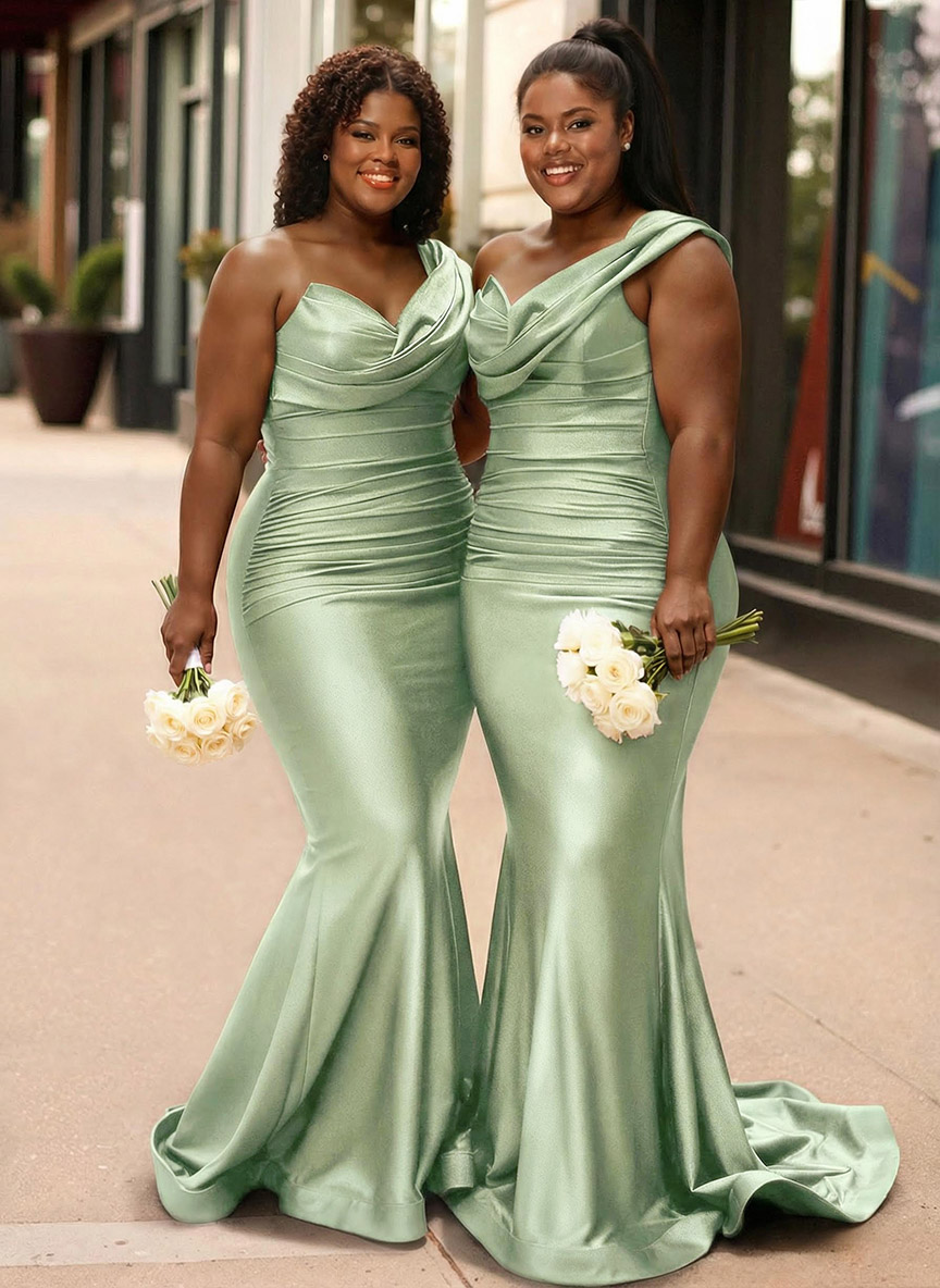 Trumpet/Mermaid One-Shoulder Sleeveless Sweep Train Stretch Satin Knit Bridesmaid Dresses, product image 53
