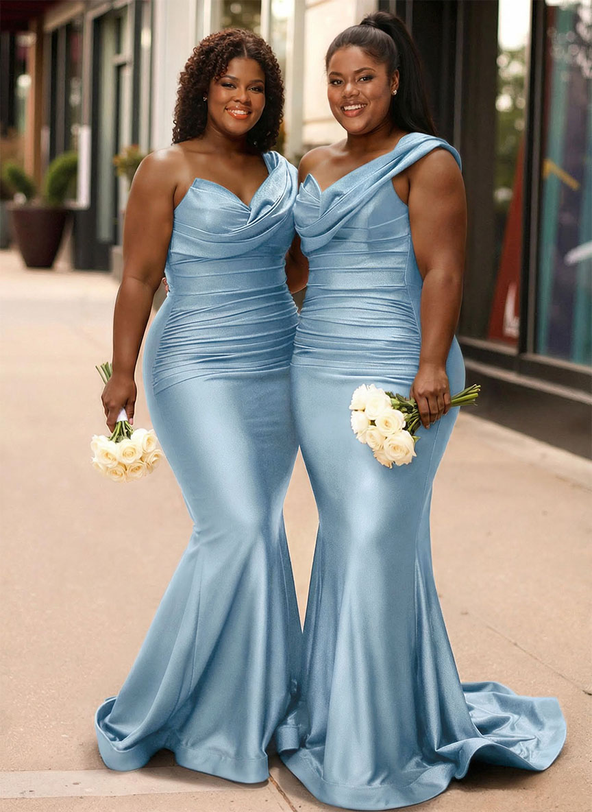 Trumpet/Mermaid One-Shoulder Sleeveless Sweep Train Stretch Satin Knit Bridesmaid Dresses, product image 13