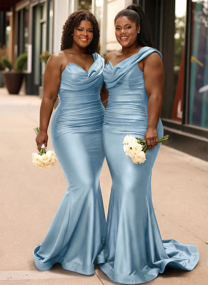 Trumpet/Mermaid One-Shoulder Sleeveless Sweep Train Stretch Satin Knit Bridesmaid Dresses, product image 13
