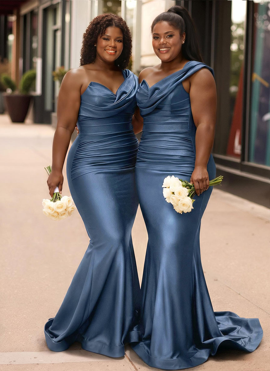 Trumpet/Mermaid One-Shoulder Sleeveless Sweep Train Stretch Satin Knit Bridesmaid Dresses, product image 9