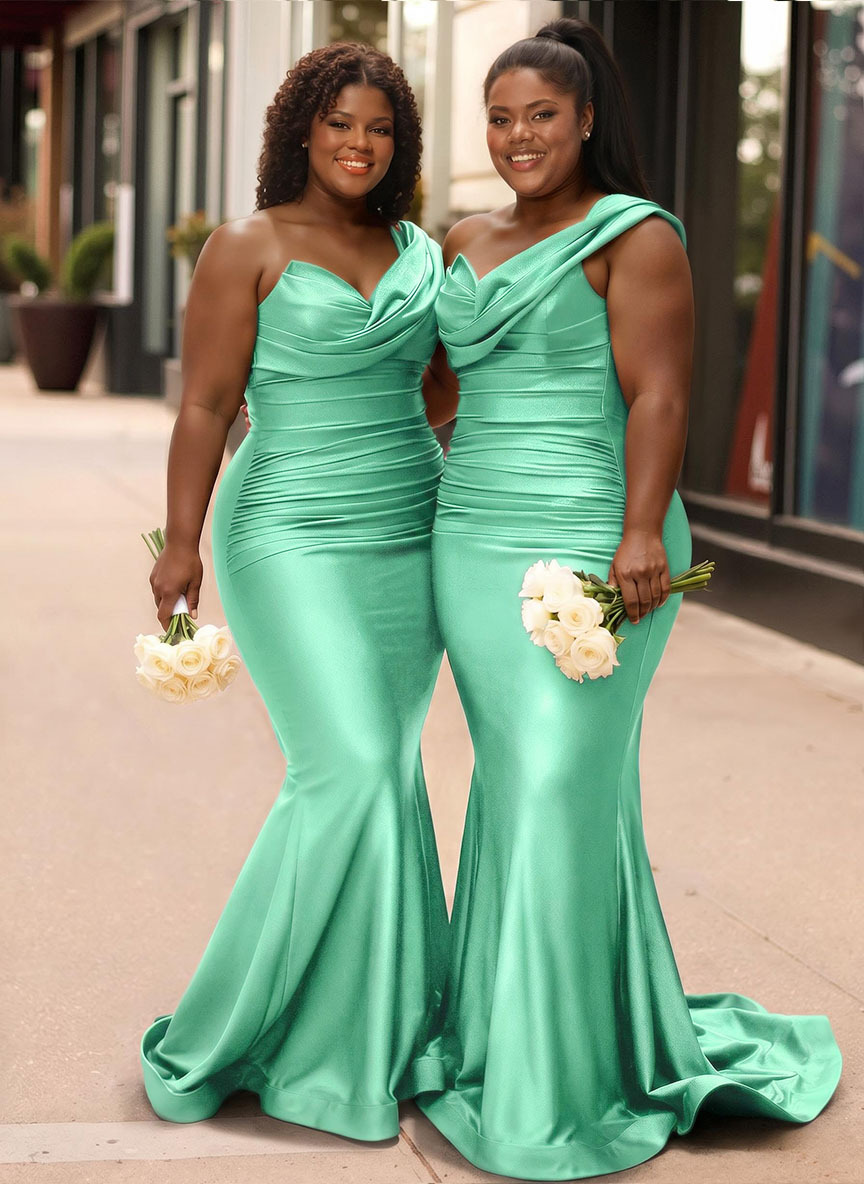 Trumpet/Mermaid One-Shoulder Sleeveless Sweep Train Stretch Satin Knit Bridesmaid Dresses, product image 33