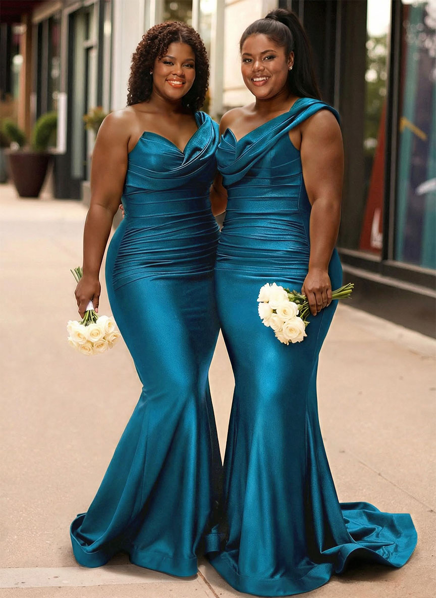 Trumpet/Mermaid One-Shoulder Sleeveless Sweep Train Stretch Satin Knit Bridesmaid Dresses, product image 16