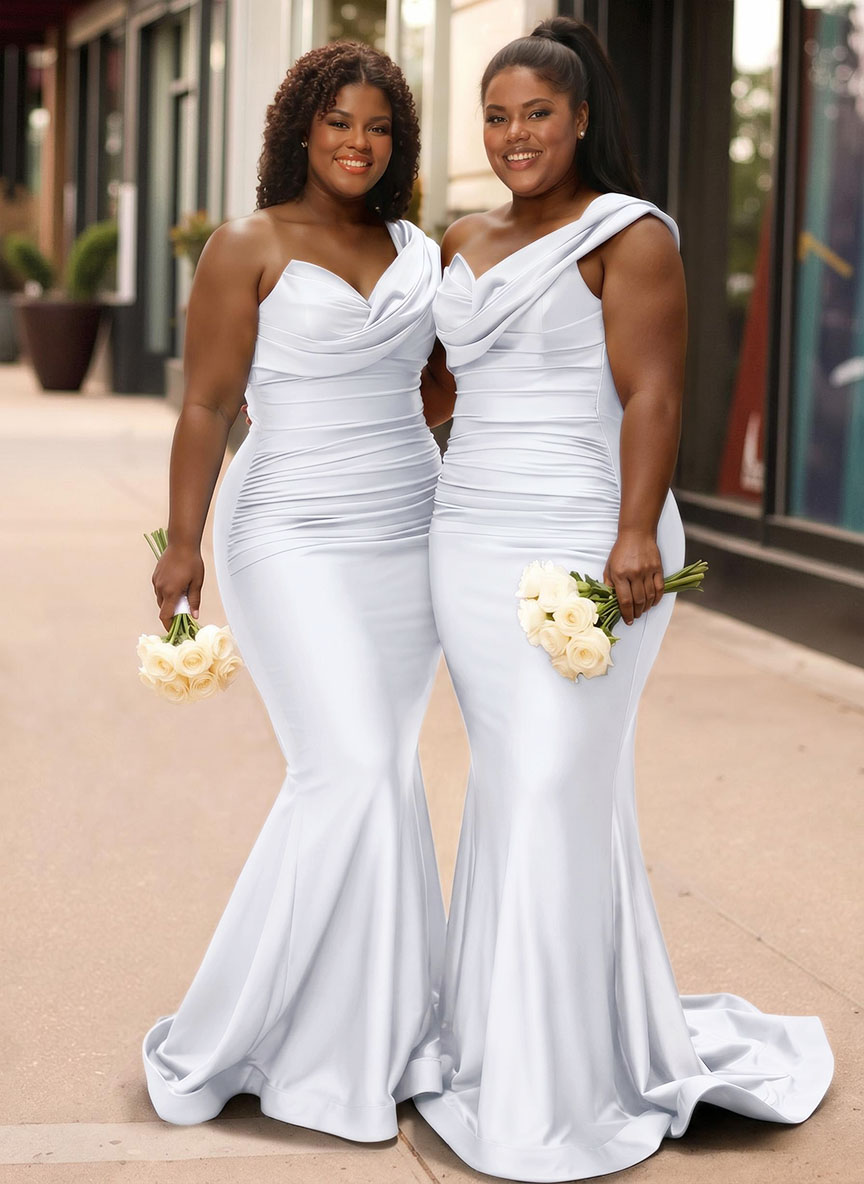 Trumpet/Mermaid One-Shoulder Sleeveless Sweep Train Stretch Satin Knit Bridesmaid Dresses, product image 50