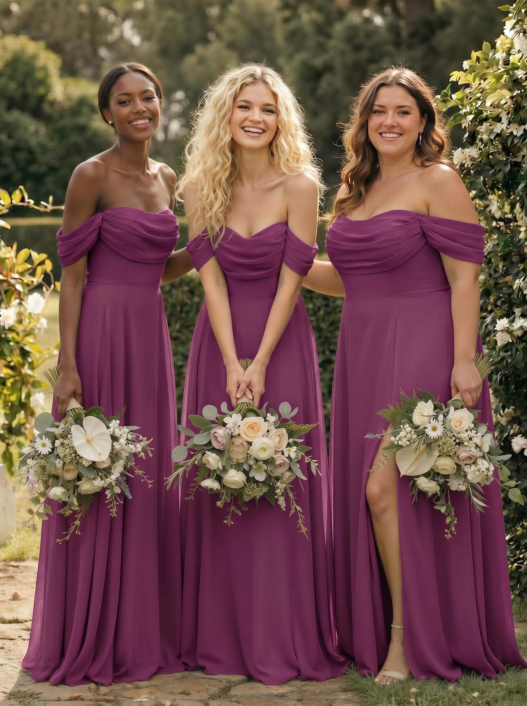 A-Line Off-The-Shoulder Sleeveless Floor-Length Chiffon Bridesmaid Dresses With Split Front, product image 109
