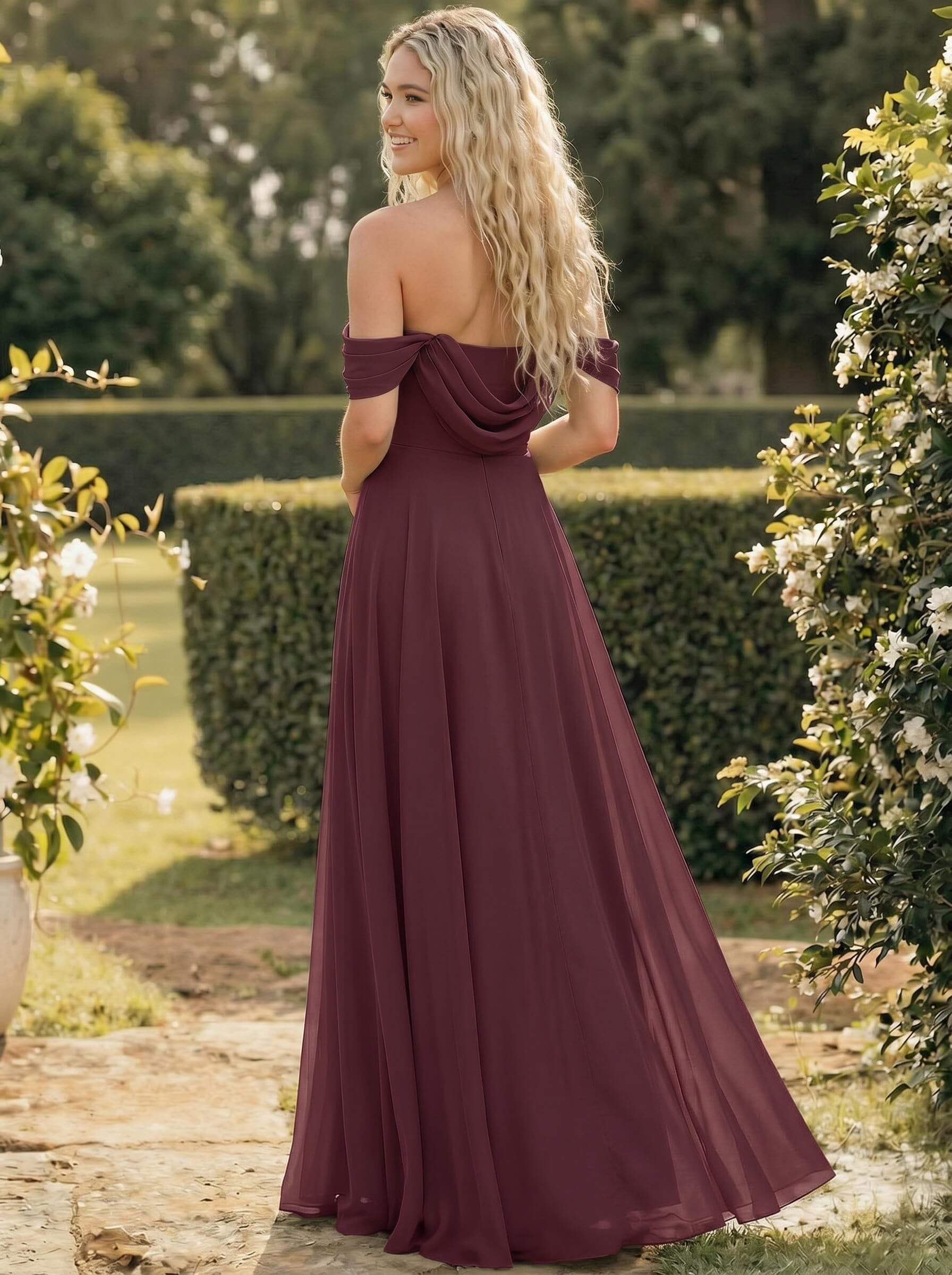 A-Line Off-The-Shoulder Sleeveless Floor-Length Chiffon Bridesmaid Dresses With Split Front, product image 42