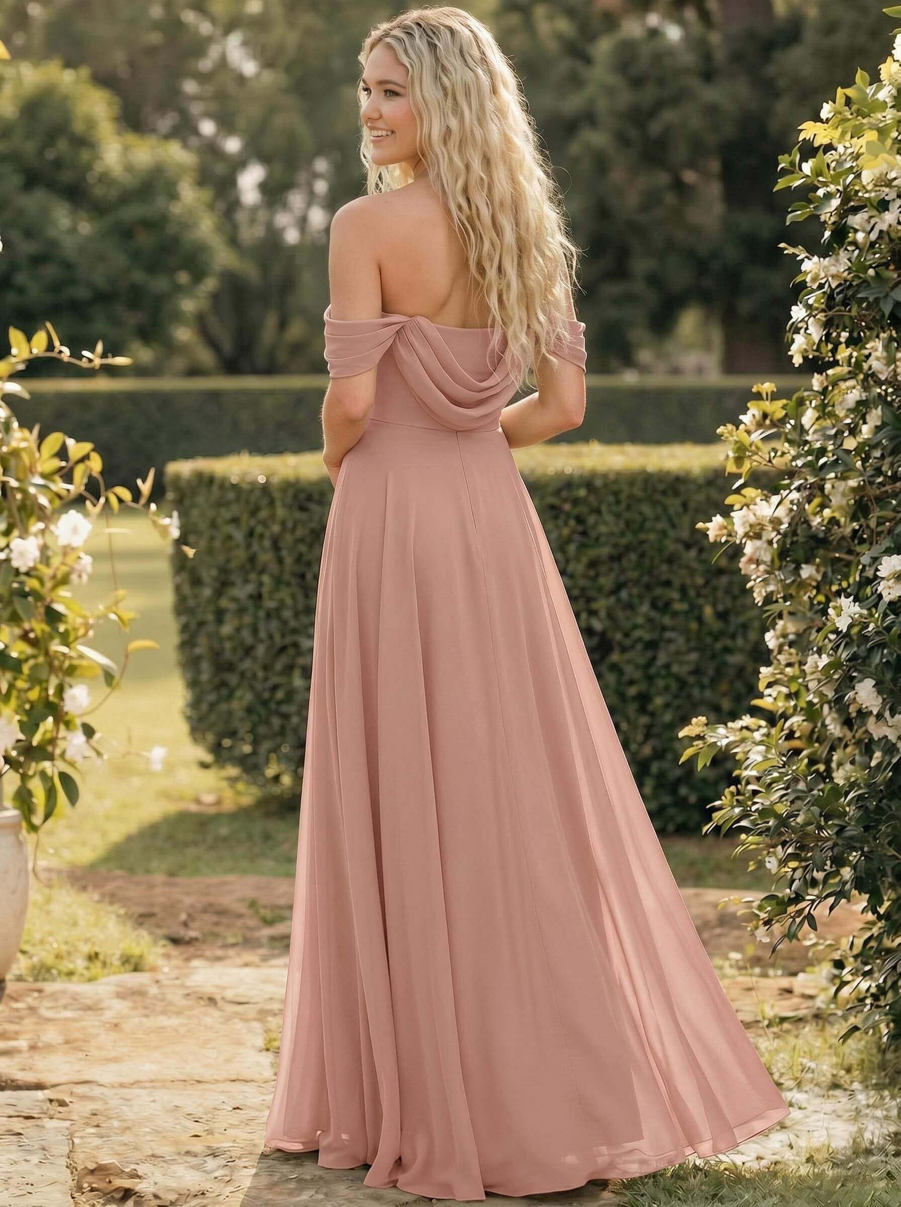 A-Line Off-The-Shoulder Sleeveless Floor-Length Chiffon Bridesmaid Dresses With Split Front, product image 63