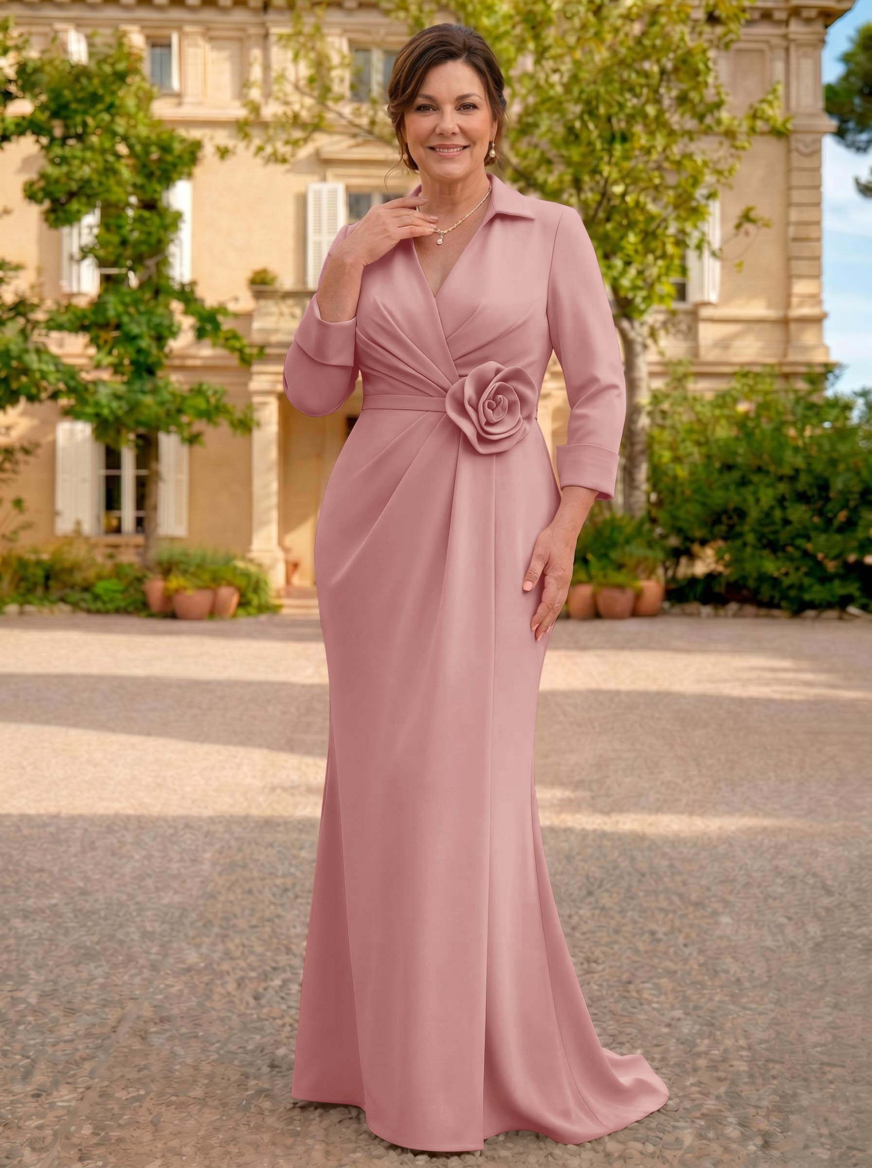 Sheath/Column V-Neck 3/4 Sleeves Sweep Train Elastic Satin Mother Of The Bride Dresses