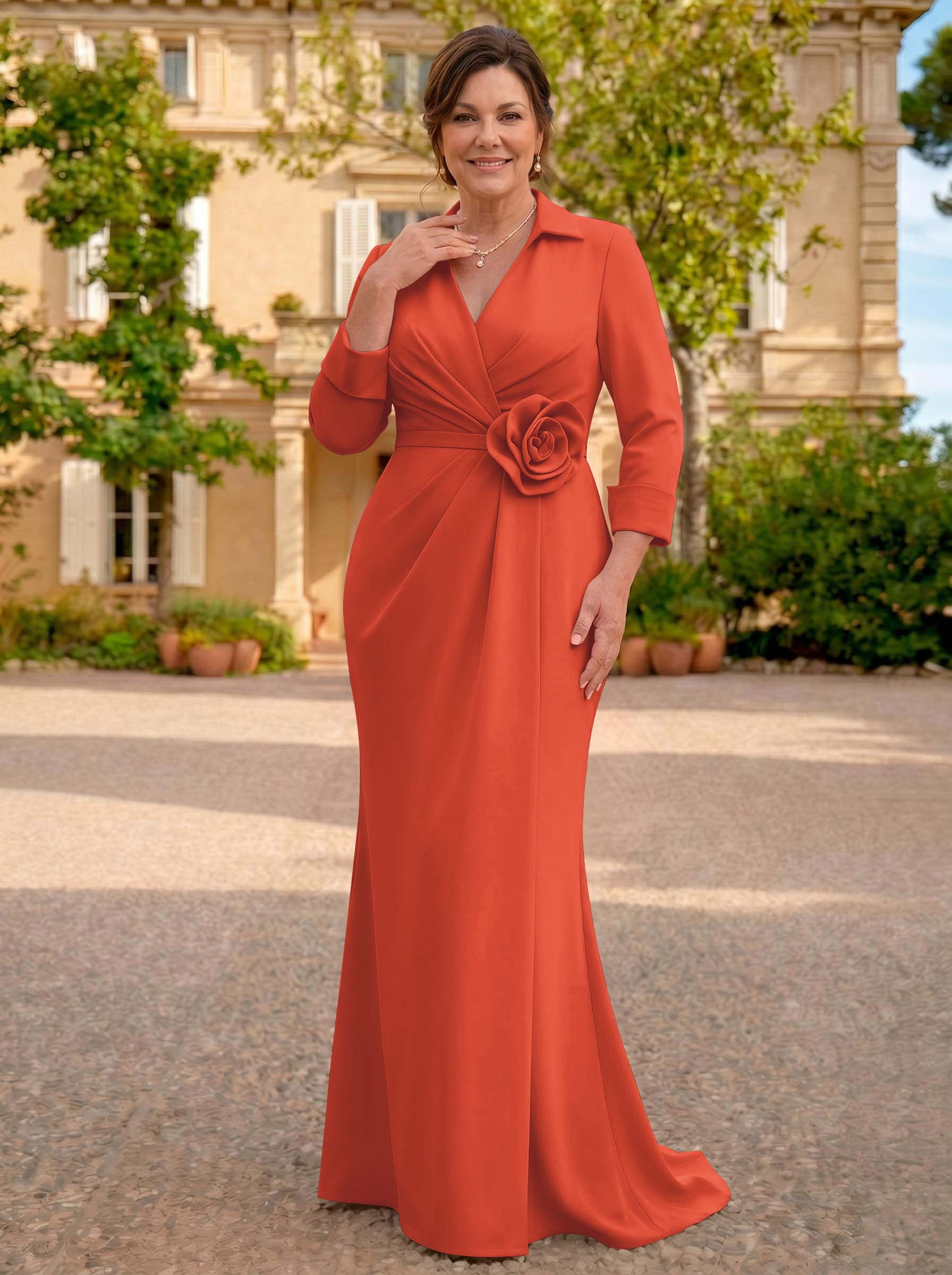 Sheath/Column V-Neck 3/4 Sleeves Sweep Train Elastic Satin Mother Of The Bride Dresses