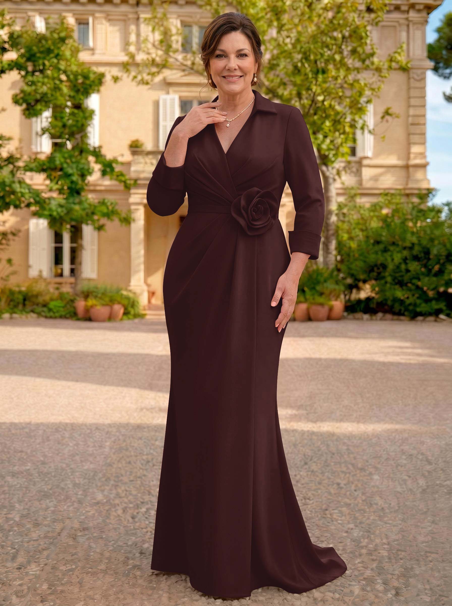 Sheath/Column V-Neck 3/4 Sleeves Sweep Train Elastic Satin Mother Of The Bride Dresses