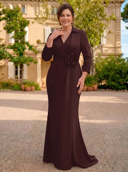 Sheath/Column V-Neck 3/4 Sleeves Sweep Train Elastic Satin Mother Of The Bride Dresses