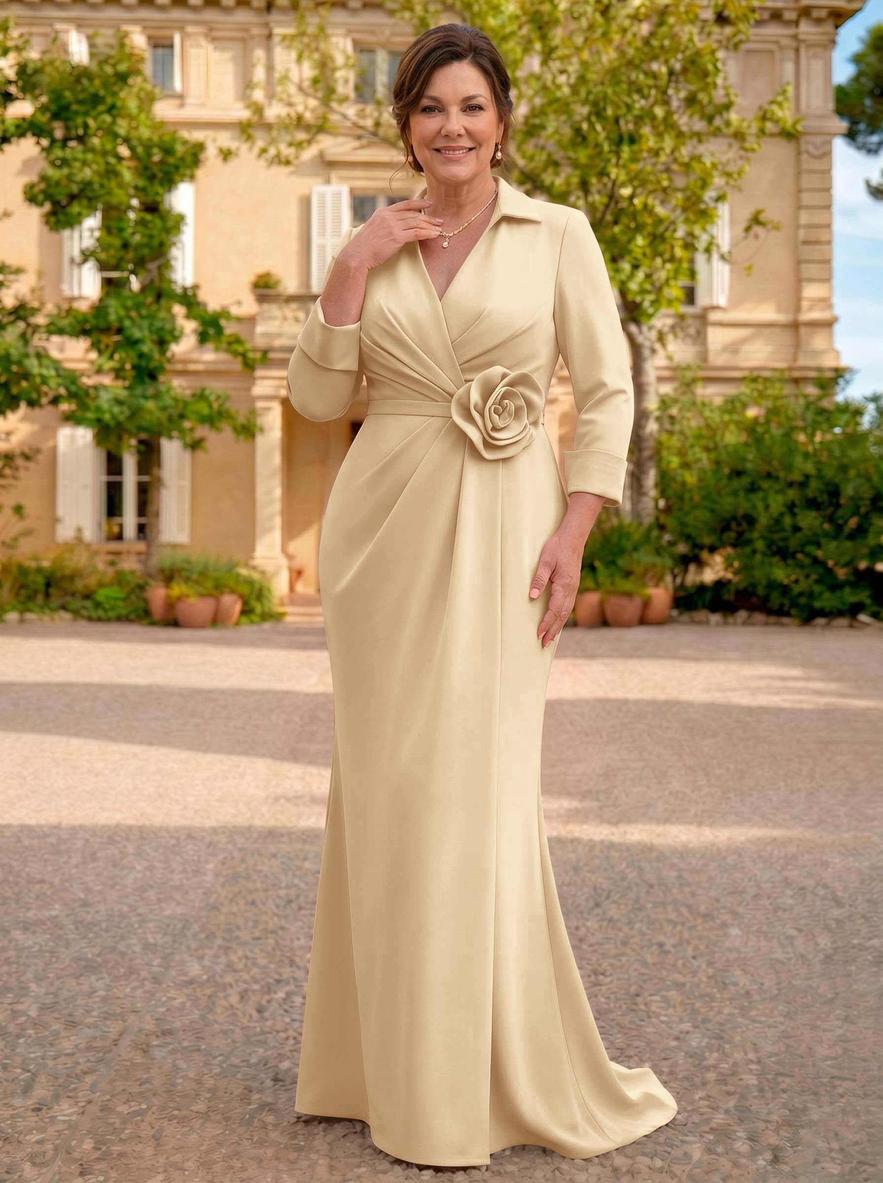 Sheath/Column V-Neck 3/4 Sleeves Sweep Train Elastic Satin Mother Of The Bride Dresses