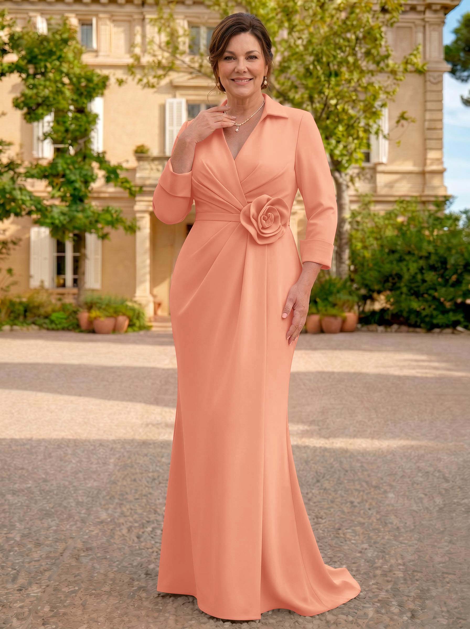 Sheath/Column V-Neck 3/4 Sleeves Sweep Train Elastic Satin Mother Of The Bride Dresses
