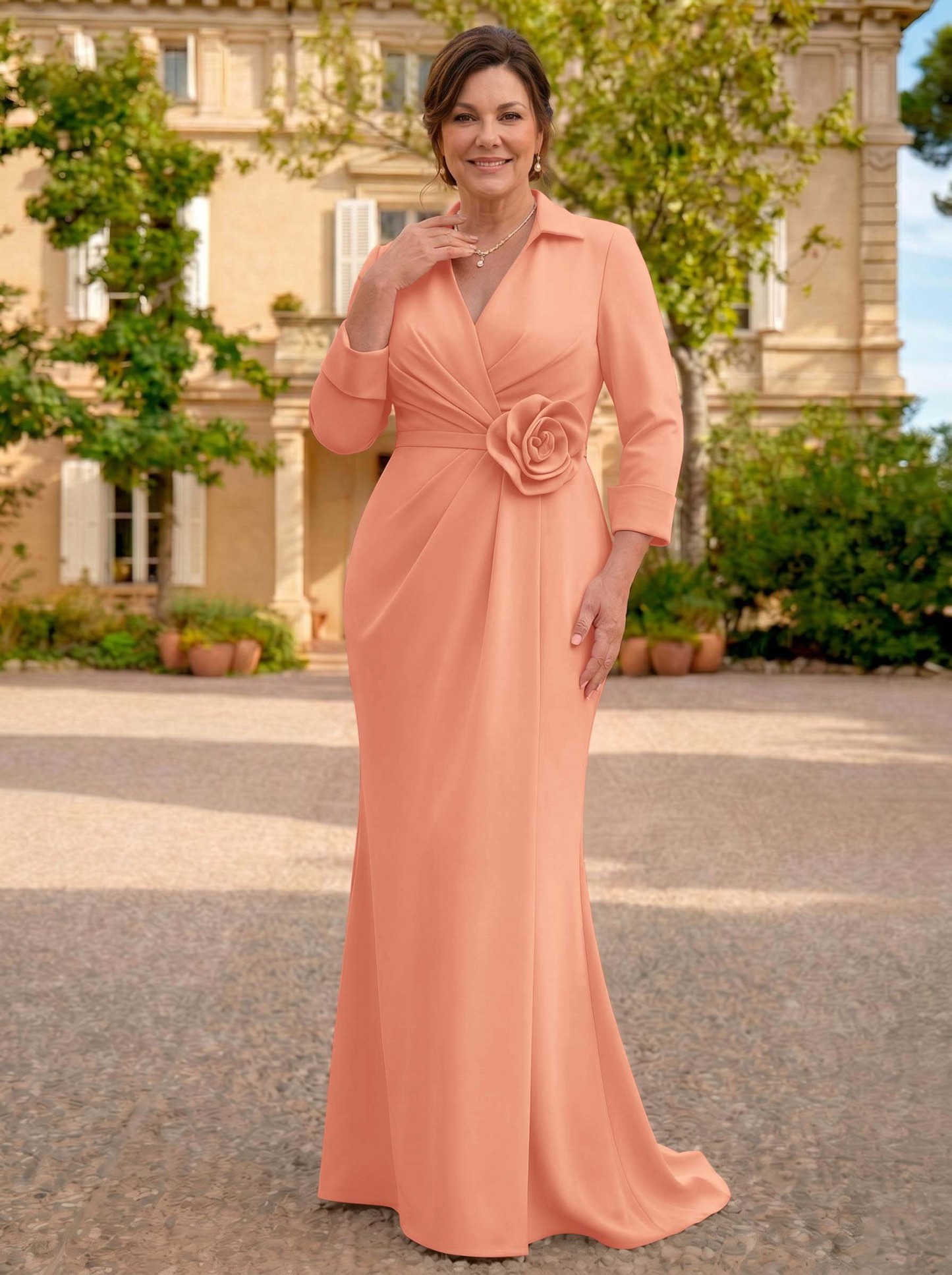 Sheath/Column V-Neck 3/4 Sleeves Sweep Train Elastic Satin Mother Of The Bride Dresses