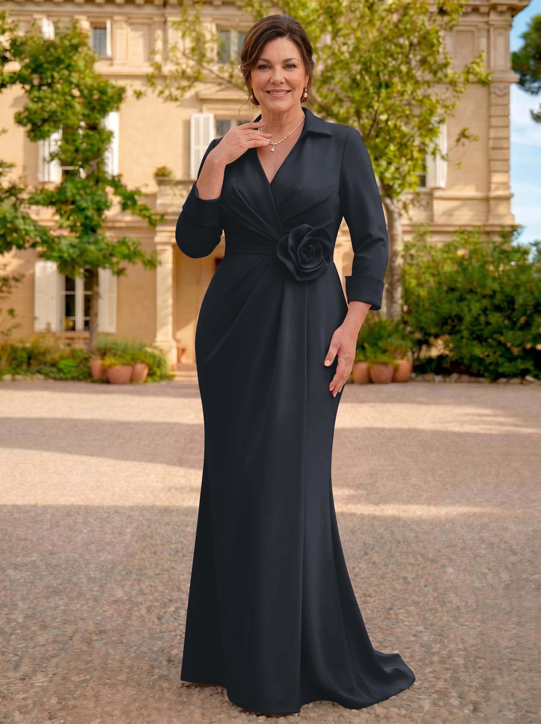 Sheath/Column V-Neck 3/4 Sleeves Sweep Train Elastic Satin Mother Of The Bride Dresses