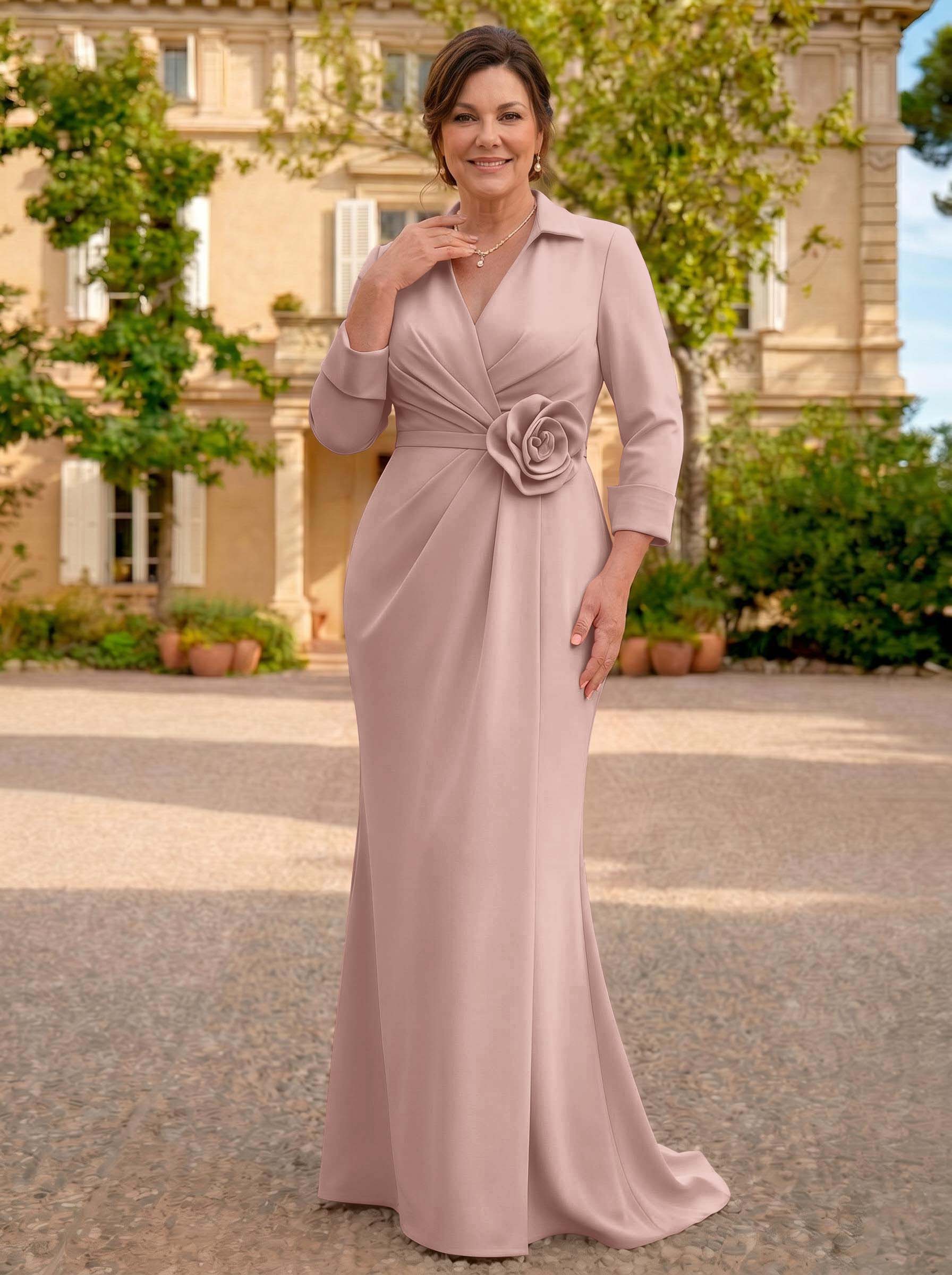 Sheath/Column V-Neck 3/4 Sleeves Sweep Train Elastic Satin Mother Of The Bride Dresses