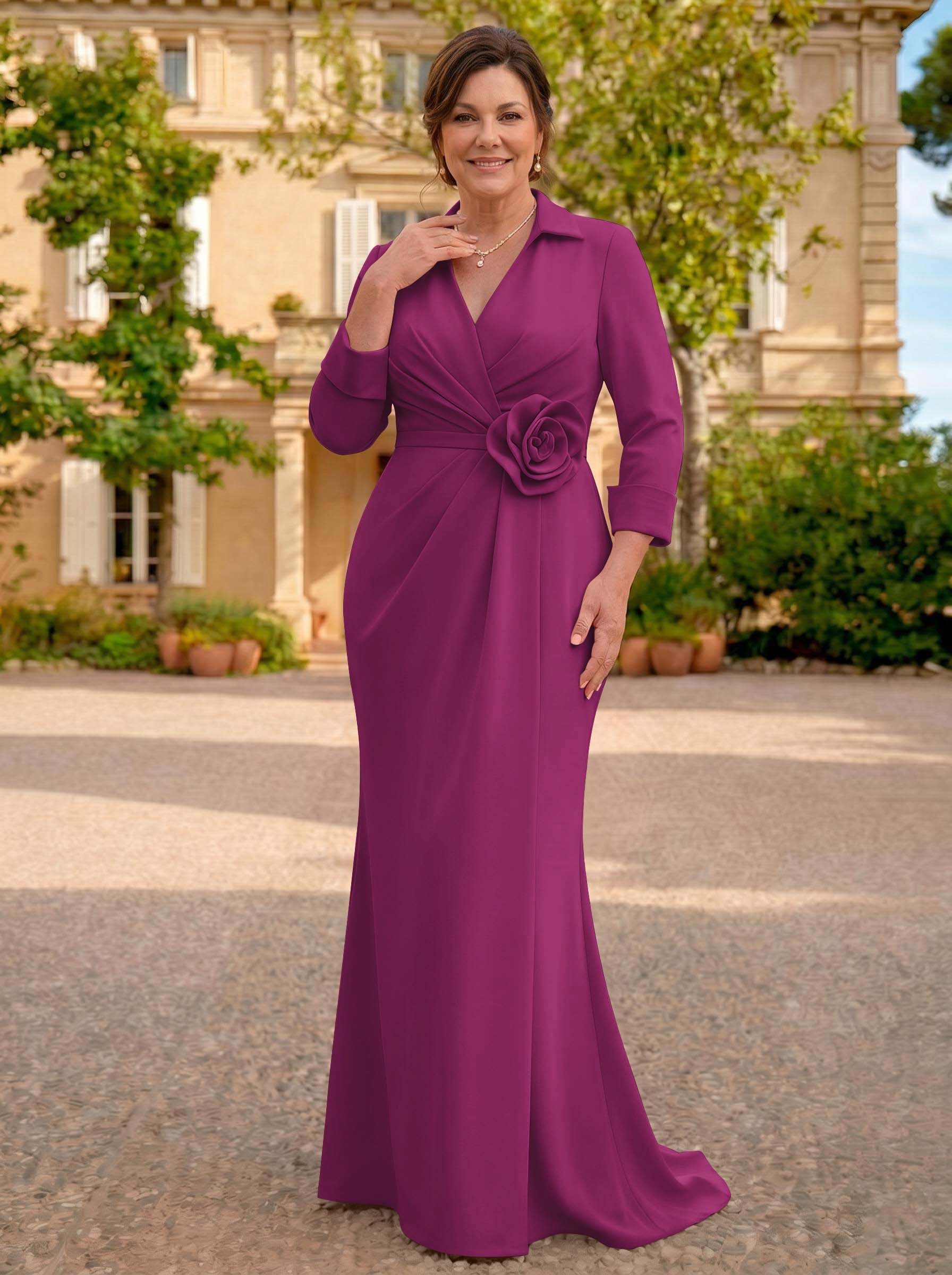 Sheath/Column V-Neck 3/4 Sleeves Sweep Train Elastic Satin Mother Of The Bride Dresses