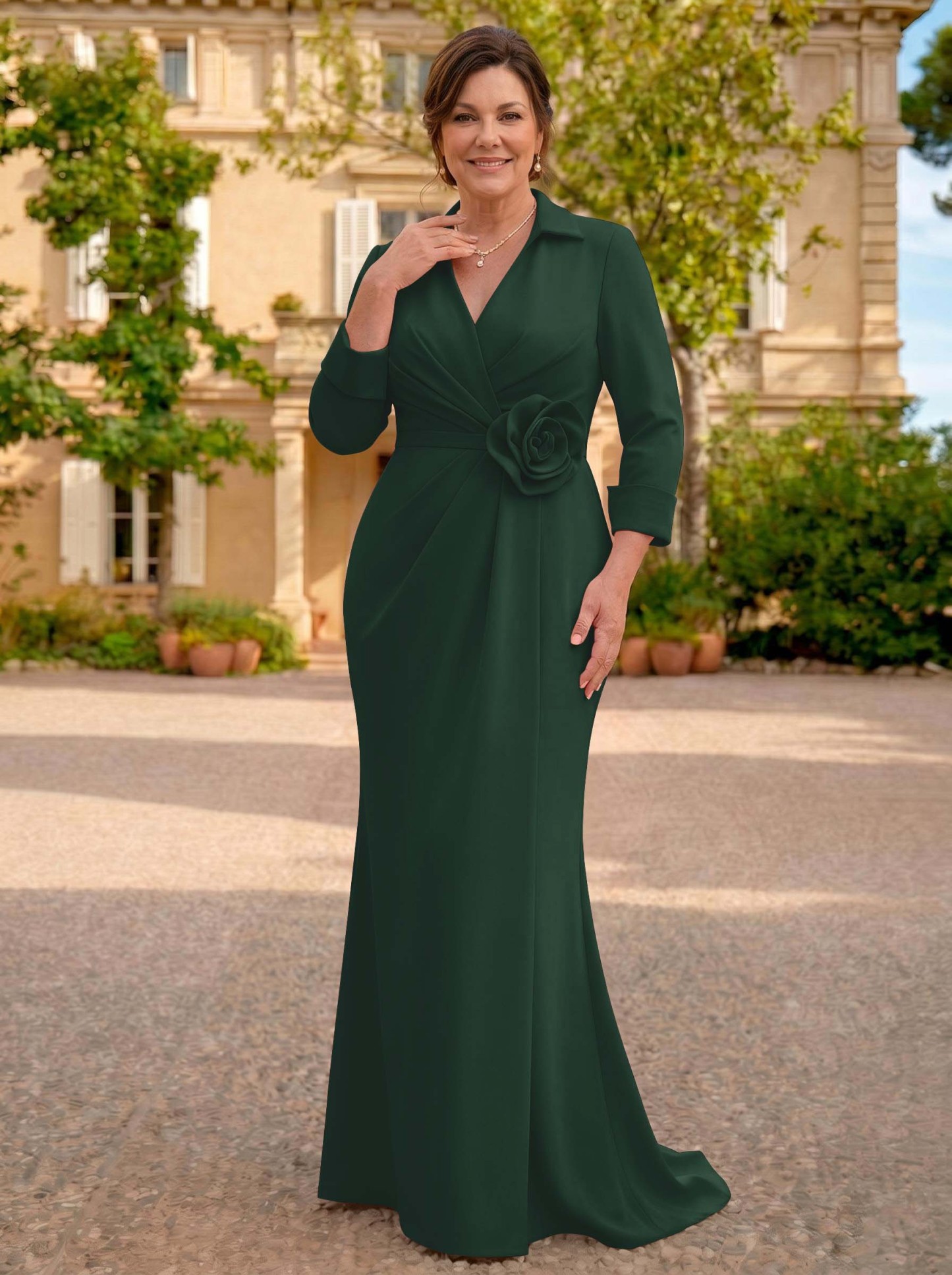 Sheath/Column V-Neck 3/4 Sleeves Sweep Train Elastic Satin Mother Of The Bride Dresses