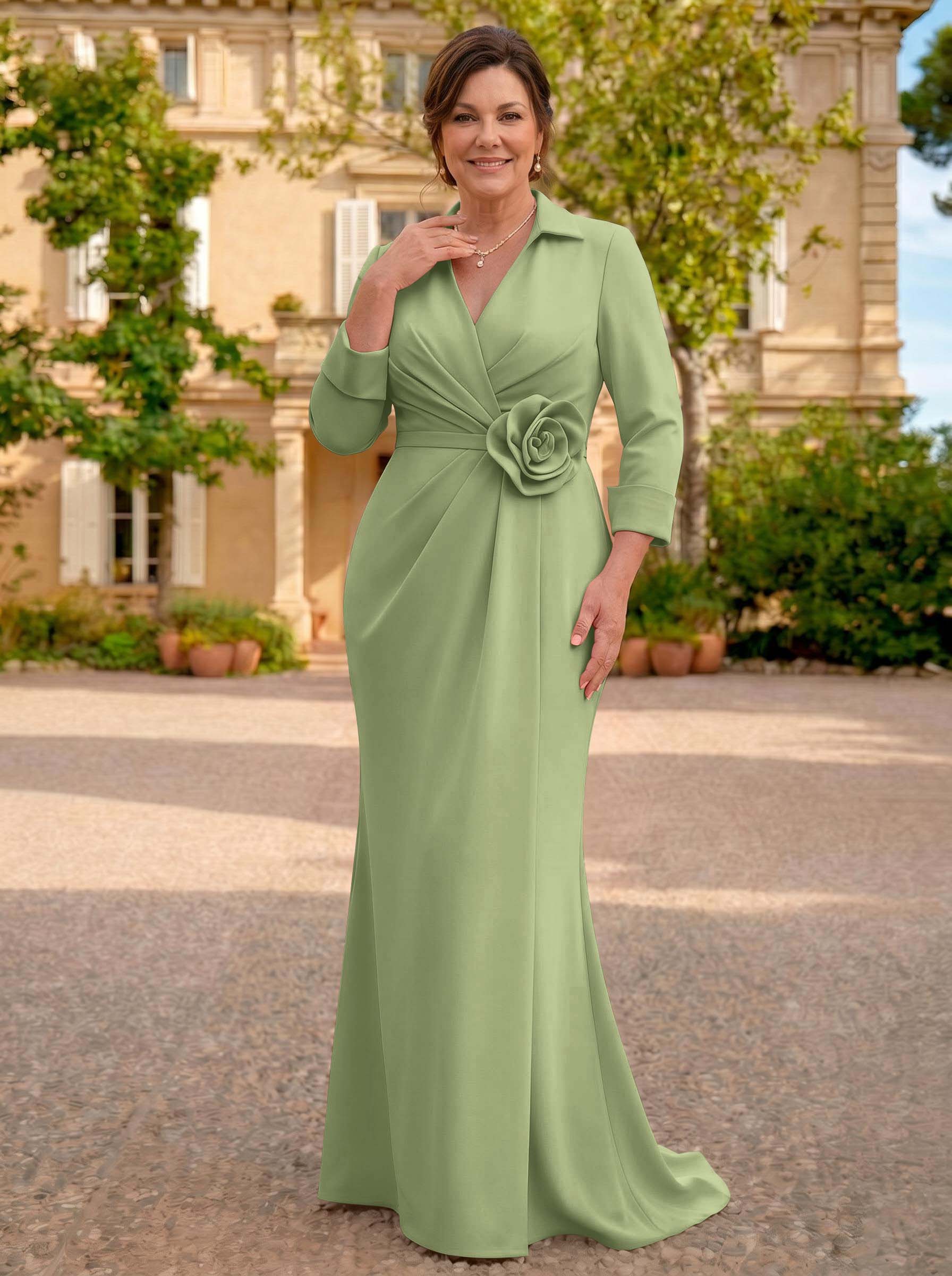 Sheath/Column V-Neck 3/4 Sleeves Sweep Train Elastic Satin Mother Of The Bride Dresses