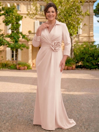 Sheath/Column V-Neck 3/4 Sleeves Sweep Train Elastic Satin Mother Of The Bride Dresses