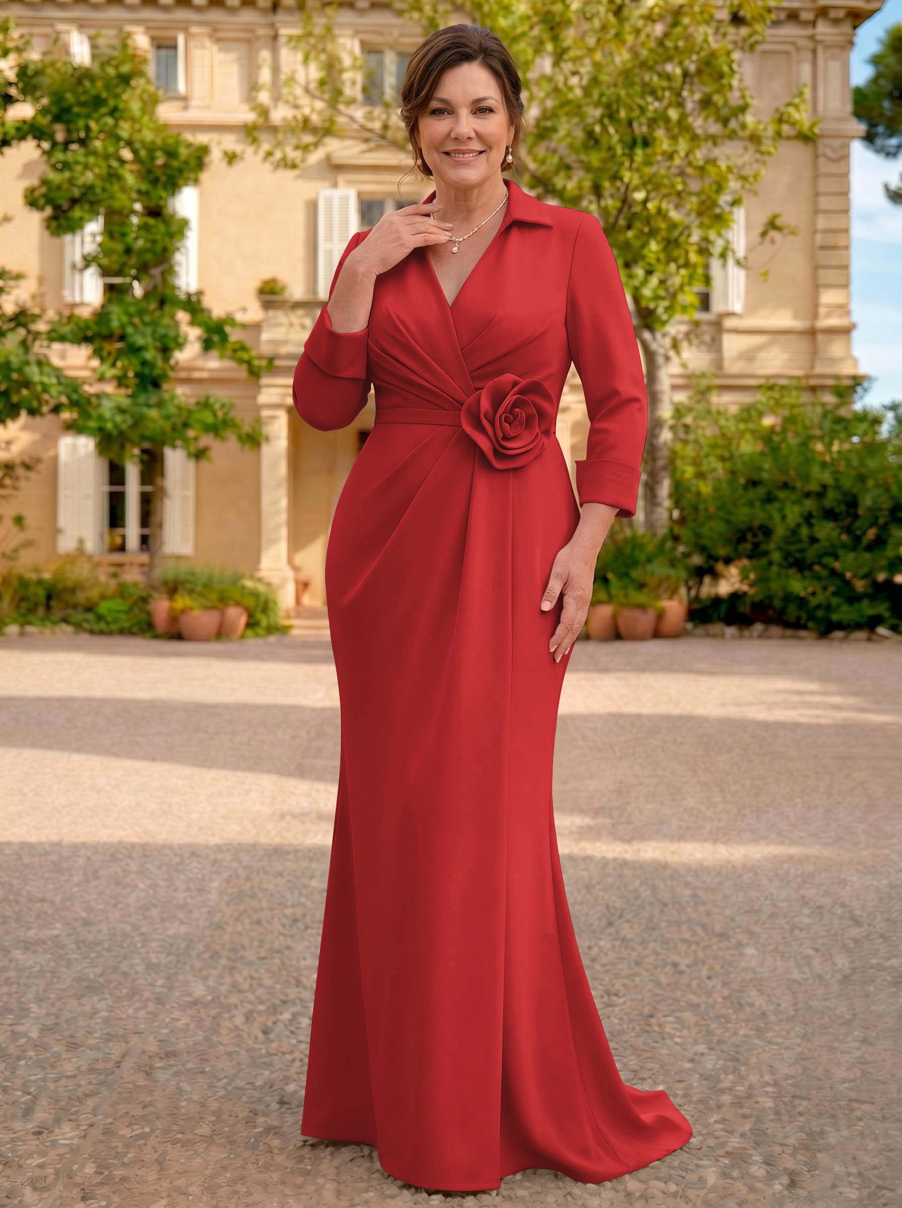 Sheath/Column V-Neck 3/4 Sleeves Sweep Train Elastic Satin Mother Of The Bride Dresses