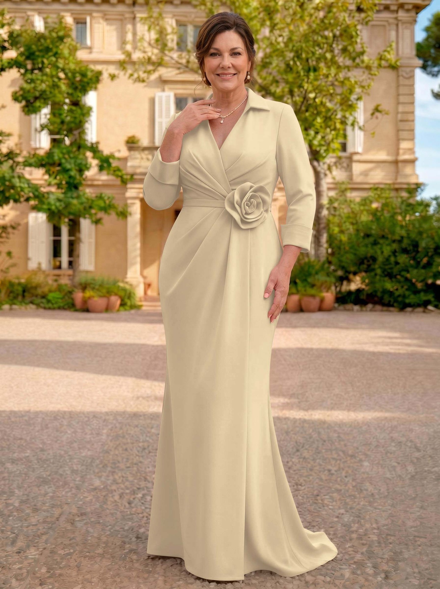 Sheath/Column V-Neck 3/4 Sleeves Sweep Train Elastic Satin Mother Of The Bride Dresses