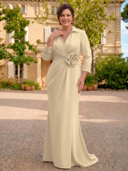 Sheath/Column V-Neck 3/4 Sleeves Sweep Train Elastic Satin Mother Of The Bride Dresses