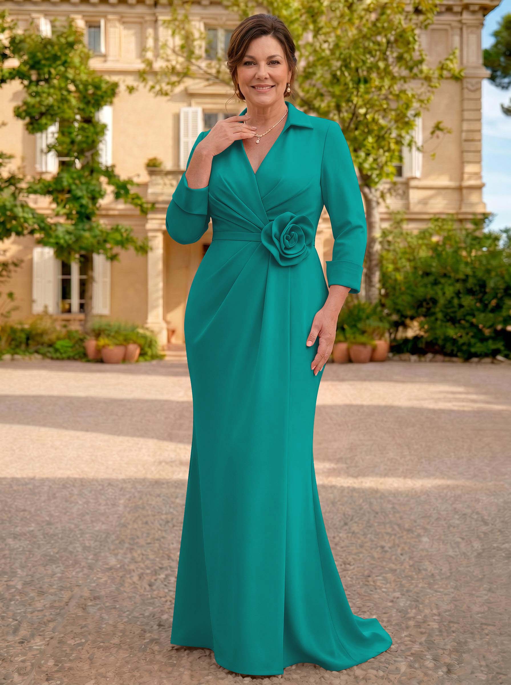 Sheath/Column V-Neck 3/4 Sleeves Sweep Train Elastic Satin Mother Of The Bride Dresses