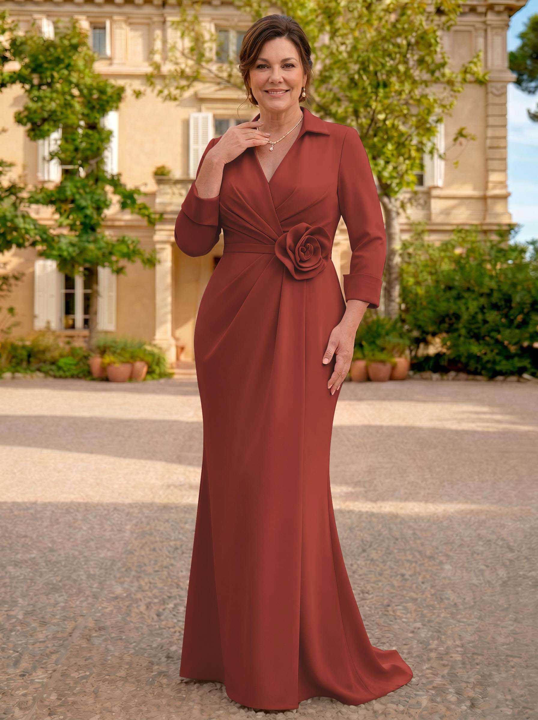 Sheath/Column V-Neck 3/4 Sleeves Sweep Train Elastic Satin Mother Of The Bride Dresses
