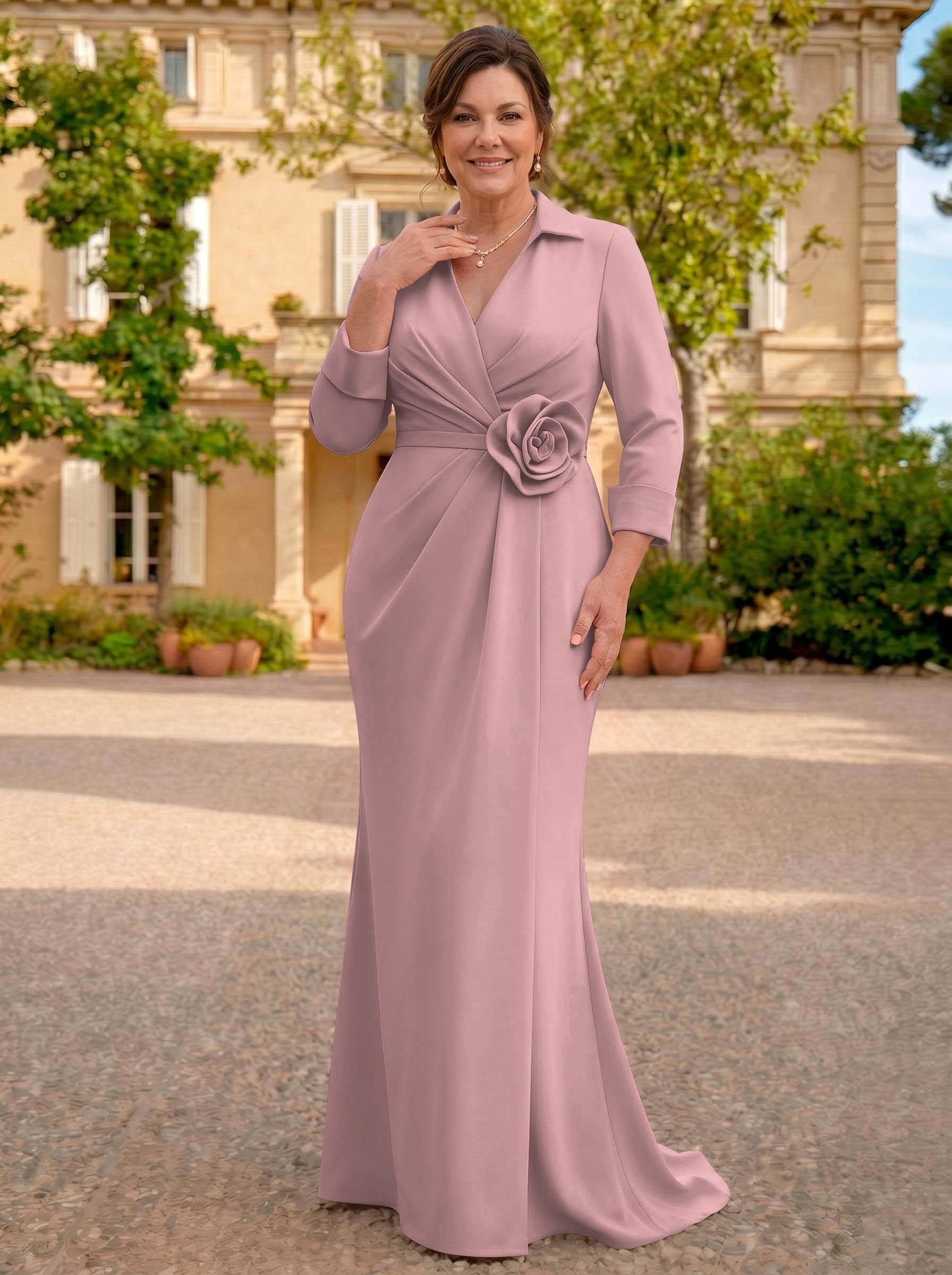 Sheath/Column V-Neck 3/4 Sleeves Sweep Train Elastic Satin Mother Of The Bride Dresses