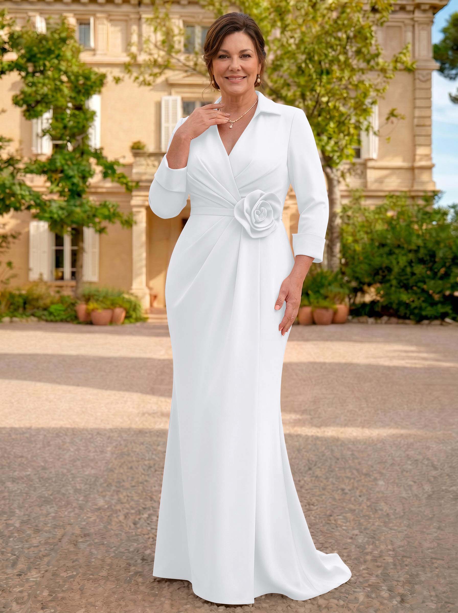 Sheath/Column V-Neck 3/4 Sleeves Sweep Train Elastic Satin Mother Of The Bride Dresses