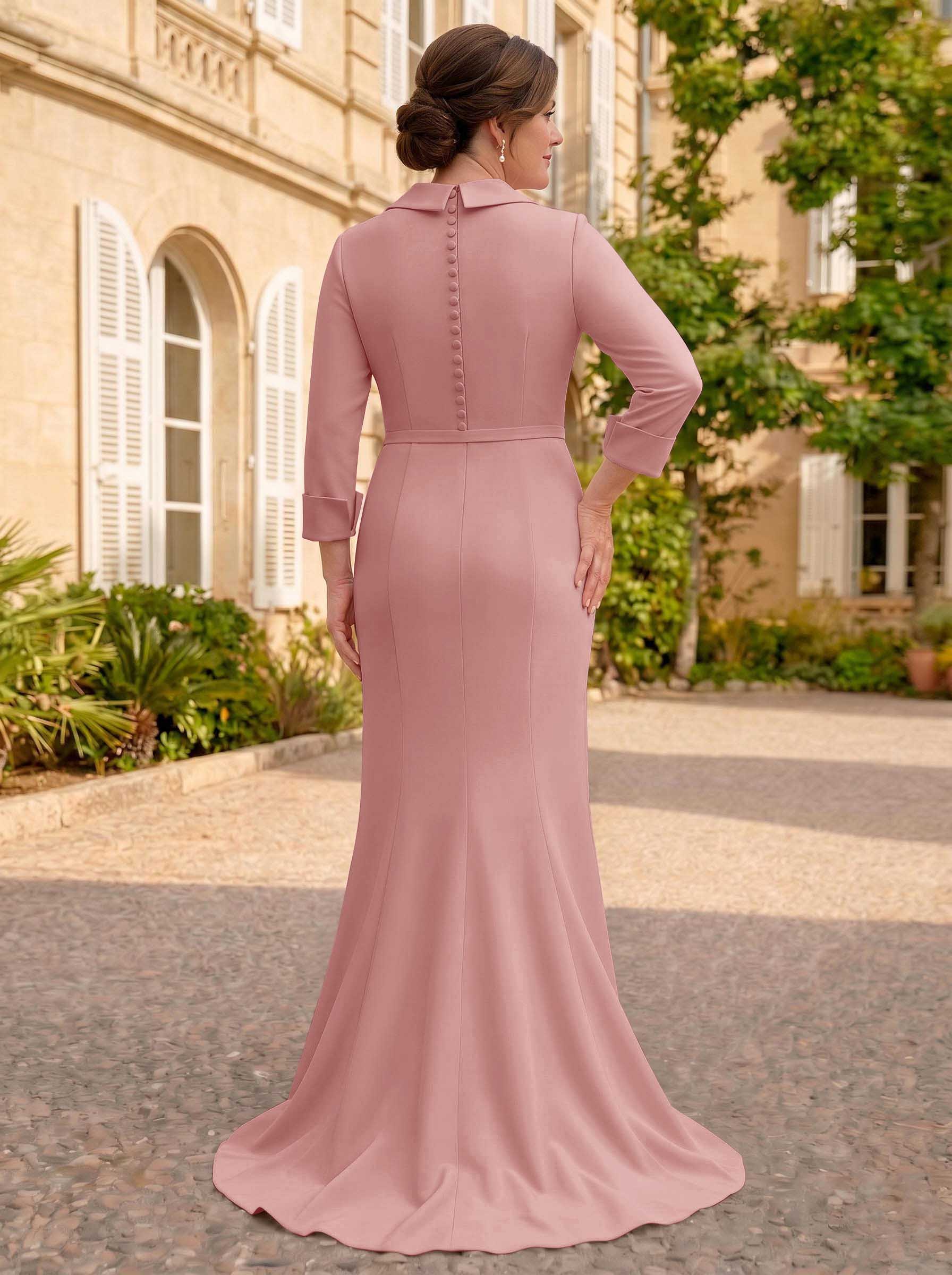 Sheath/Column V-Neck 3/4 Sleeves Sweep Train Elastic Satin Mother Of The Bride Dresses