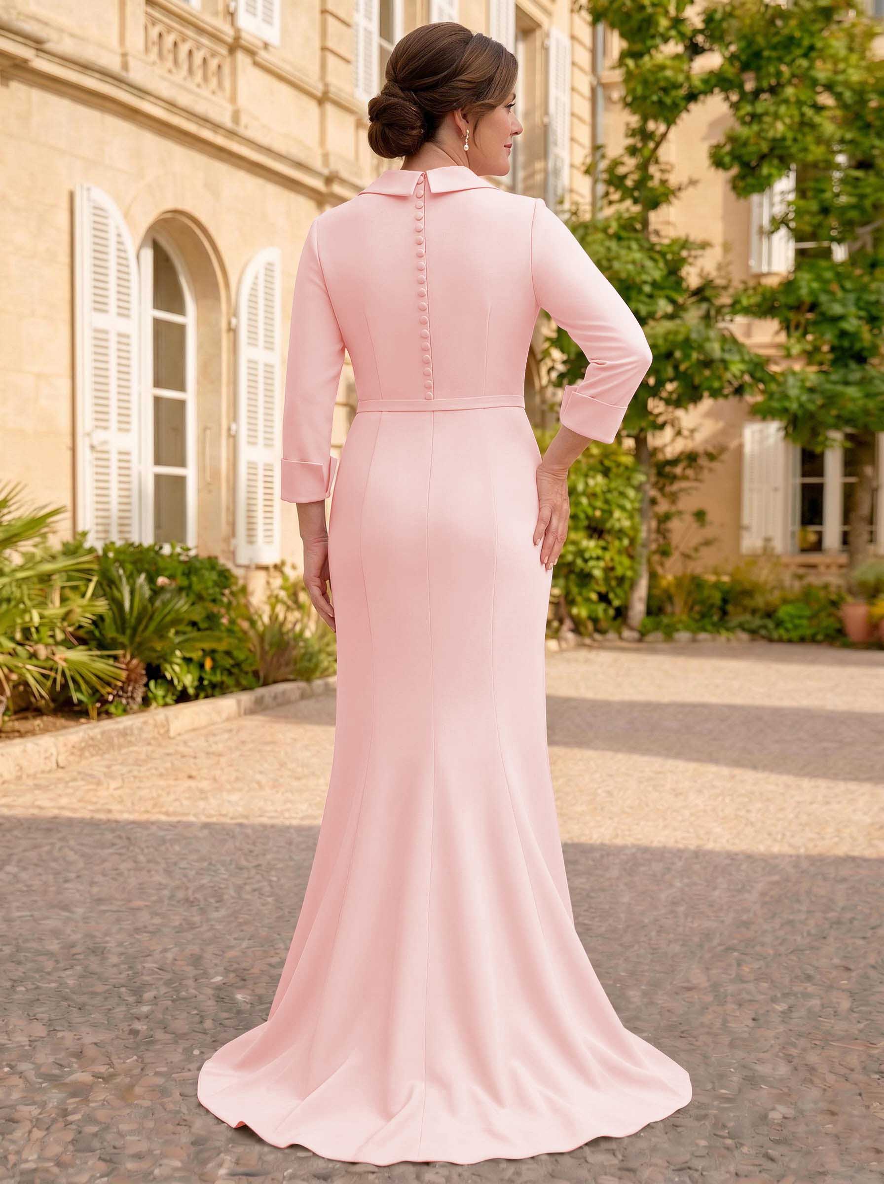 Sheath/Column V-Neck 3/4 Sleeves Sweep Train Elastic Satin Mother Of The Bride Dresses