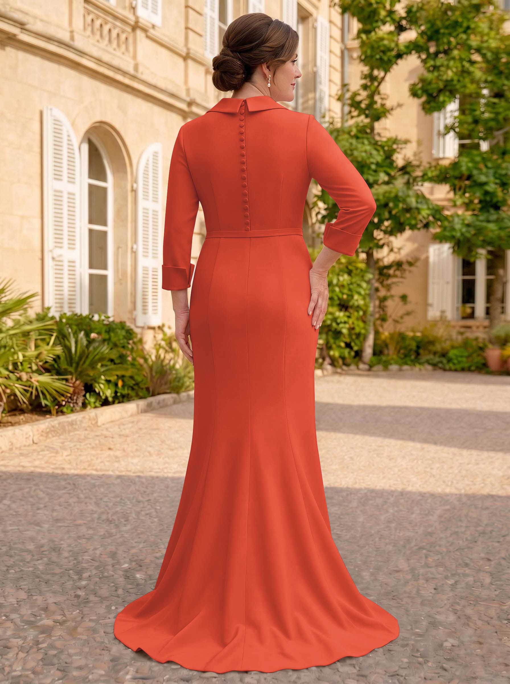 Sheath/Column V-Neck 3/4 Sleeves Sweep Train Elastic Satin Mother Of The Bride Dresses