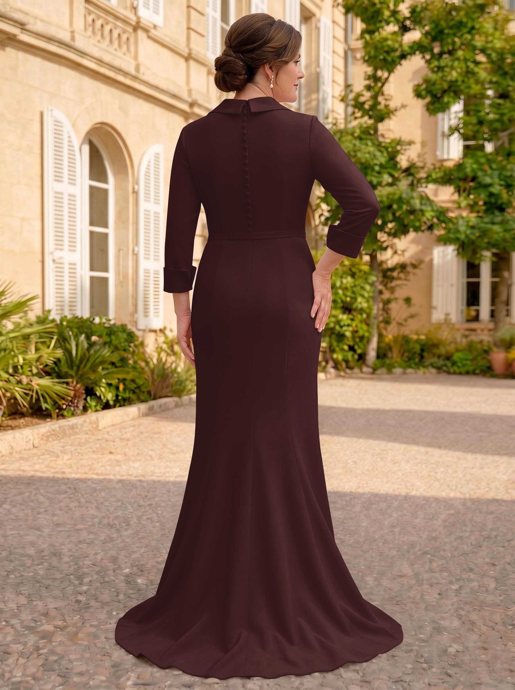 Sheath/Column V-Neck 3/4 Sleeves Sweep Train Elastic Satin Mother Of The Bride Dresses