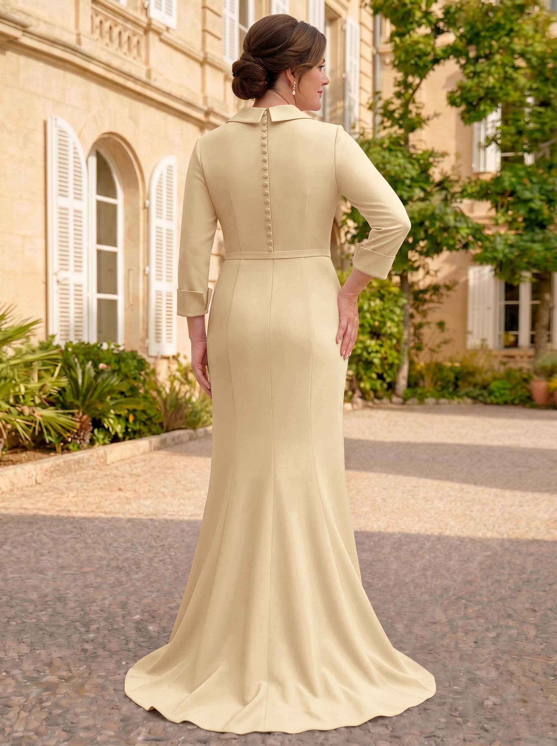 Sheath/Column V-Neck 3/4 Sleeves Sweep Train Elastic Satin Mother Of The Bride Dresses
