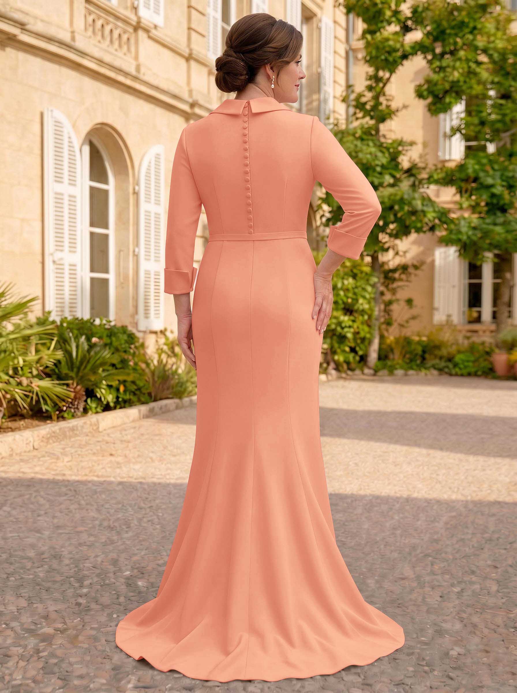 Sheath/Column V-Neck 3/4 Sleeves Sweep Train Elastic Satin Mother Of The Bride Dresses